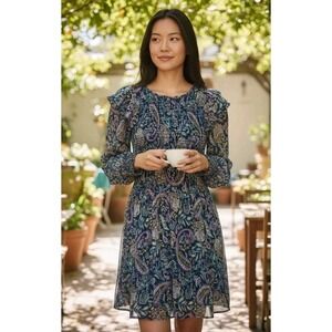 Aqua Women Desi Floral Paisley Puff Sleeve Dress Cottagecore Romantic Blue Lined